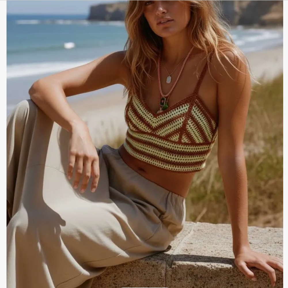 NWT Zara Brown and Light Green Crochet Crop Top